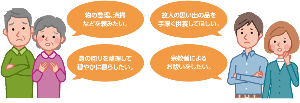 物の整理、清掃などを頼みたい。故人の思い出の品を手厚く供養してほしい。身の回りを整理して穏やかに暮らしたい。宗教者によるお祓いをしたい。